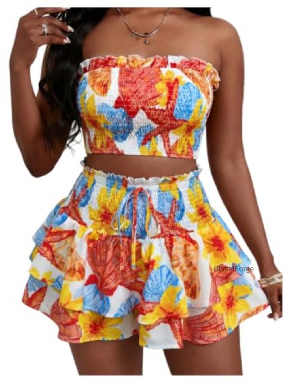 2 Piece Set Strapless Tube Top Smocked Ruffle Mini Skirt Polyester Blend